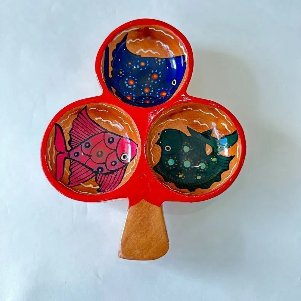 Triple Tri-Bowl Condiment Salsa Dip Mexican Hand Painted Wood Server Dish